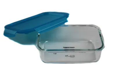 Immagine prodotto di TUPPERWARE Barattolo Premium da 1 litro in vetro borosilicato turchese per la conservazione degli alimenti NUOVO + PANNO DI LAVAGGIO