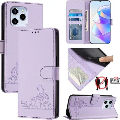 Produktbild von Leder Hülle für Honor 60 SE Süße Katze Flip Case Brieftasche Schutzhülle mit Standfunktion Lila