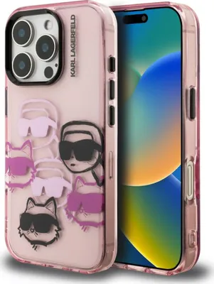 A pink Karl Lagerfeld phone case with a cartoon cat and Karl Lagerfeld head pattern, shown on a white background next to an iPhone.