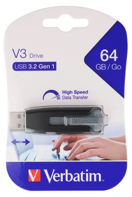 Produktbild von Verbatim V3 - USB 3.0-Stick 64 GB - Schwarz, 64 GB, USB Typ-A, 3.2 Gen 1 (3.1 Gen 1), Ohne Deckel, Schwarz, Grau