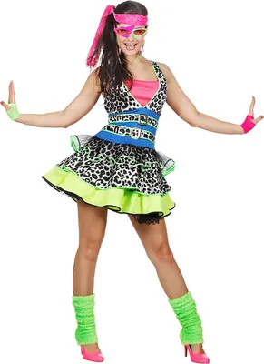 A woman in an 80s-themed costume posing against a white background.