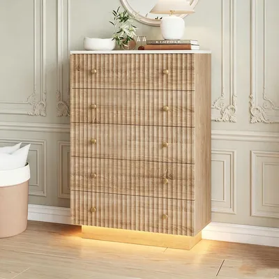 Produktbild von INONEFT Kommode mit 5 Schubladen, Komodenschrank mit Stauraum, Schubladenschrank Schmal für Schalfzimmer, Wohnzimmer, Büro, Flur, Naturfarbe