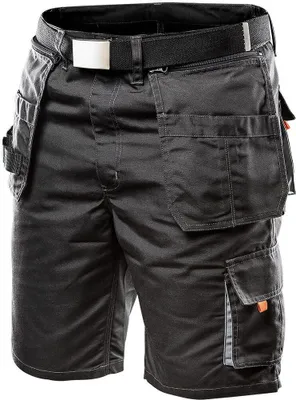 A pair of black work shorts with multiple pockets and a belt.