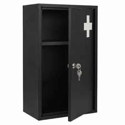 Produktbild von Schwarzer Wand-Arzneischrank aus Metall - 50 x 30 cm - Abschließbarer Medizinschrank mit 1 Fach und 2 Schlüsseln