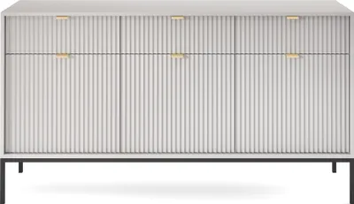 A gray sideboard with gold handles on black legs, shown from the front against a white background.