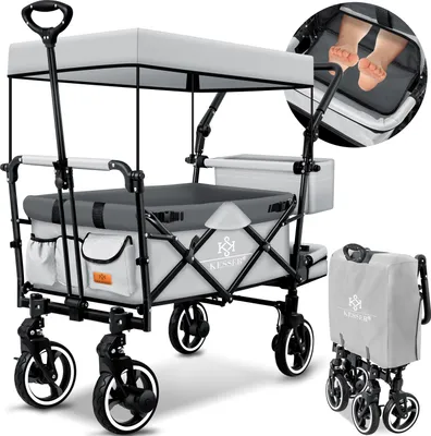 Produktbild von KESSER® Bollerwagen Faltbar GTS-9100 mit Dach Handwagen Transportwagen klappbar belastbar bis 150kg mit Hartgummi-Räder & Feststellbremsen Vorne & Hinten Inkl. Schloss, Abdeckung, Wetter & Sichtschutz