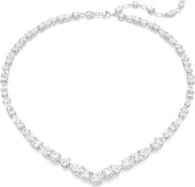 A close-up, studio shot of a diamond necklace against a white background.