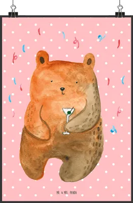 Produktbild von Mr. & Mrs. Panda Poster Bär Party DIN A2 - Rot Pastell - Geschenk, Feiern, Teddy, Lustig, wanddeko, Kunstdruck, Wanddekoration, drucke, Geburtstag, Geburtstagsgeschenk