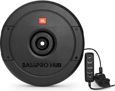 A black JBL BassPro Hub subwoofer with a remote control on a white background.