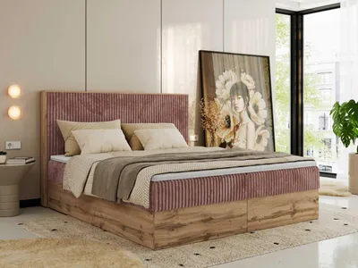 Produktbild von MKS MEBLE Boxspringbett WOOD CLASSIC, Komplett Set mit Multipocket-Matratze und Topper, Doppelbett für Schlafzimmer, hohe Kopfteil - 200 x 200 cm - H3 - Rosa Cord