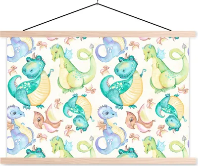 Produktbild von MuchoWow® Textilposter Dinosaurier - Aquarell - Kinder - Jungen - Mädchen - Kinder 60x40 cm mit holzfarbenen Rahmen - Bilder