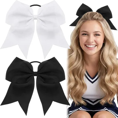 Produktbild von 4 Haargummis mit Schleifen in Weiß und Schwarz, elastische Cheerleader-Schleifen aus weichem Polyesterband für Mädchen