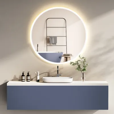 Produktbild von HOKOBadspiegel Anti-fog Rund 60cm mitRahmen+TouchSchalter+LichtWechsel Warmweiß-Kaltweiß-Neutral Licht mit TouchSchalter und Wandschalter einschaltbar