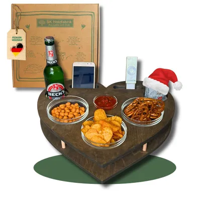 Produktbild von Couchbar Snackbox Herz Grau mit 4 Glasschalen | Getränkehalter für Sofa | Snackbar | Couchtablett
