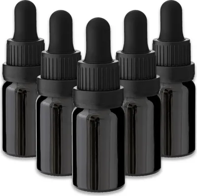 Produktbild von 5x Glasflasche schwarz 10 ml mit schwarzer Pipette Tropfflaschen Kosmetik