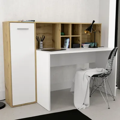 Produktbild von Forte ERIADU Schreibtisch 160, moderner Scheibtisch mit Stauraumfächern und Schranktür, Holzwerkstoff, Weiß mit Artisan Eiche Holzdekor, 158 cm breit x 116 cm hoch x 66 cm tief