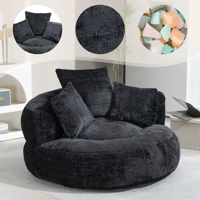 A collage featuring a black beanbag chair with multiple pillows, a close-up of the fabric texture, and a pile of colorful makeup sponges.