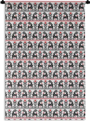 Produktbild von MuchoWow® Wandteppich Wandbehang Hirsche - Muster - Schwarz - Rot 120x180 cm Tapisserie Dekoration Wandtuch - Schlafzimmer - Dekorationen für das Haus