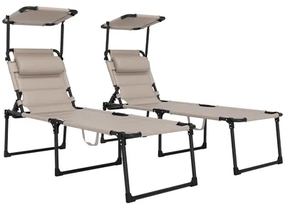 Produktbild von 2er Set Sonnenliege klappbar mit Sonnendach, 4-fach verstellbar, 200x70x45 cm, Kaki, Oxford-Stoff, Metallrahmen, belastbar 120 kg