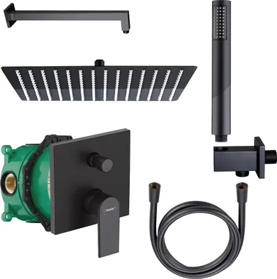 A collection of black and green bathroom fixtures, including a showerhead, hand shower, hose, and valve, arranged against a white background.