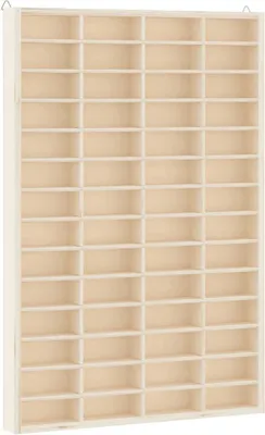 A wooden display shelf with many small compartments.