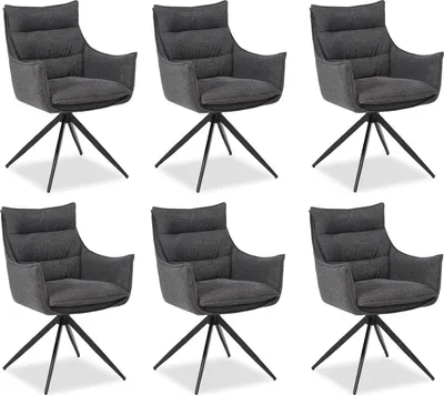 Obrázok produktu pre Homestyle4u – Súprava 6 jedálenských stoličiek. Polstrované stoličky s podrúčkami, kovová konštrukcia, otočné, farby: sivá, antracitová, čalúnené látkou. Vhodné do kuchyne