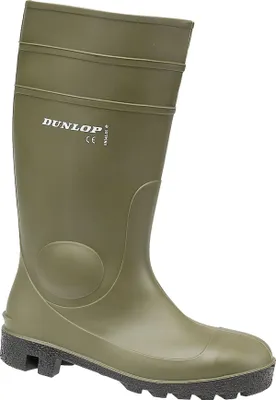 A single green Dunlop boot is shown against a white background.