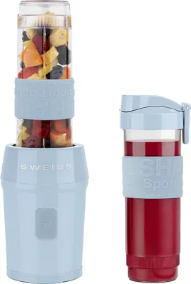 Produktbild von Mini-Blender, tragbarer Mixer, Smoothie MOOV6, 2 Trinkflaschen à 570 ml mit Reisedeckeln, 4 Edelstahlklingen, 300 W, spülmaschinengeeignet, Blau