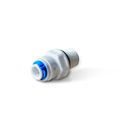 A white plastic fitting with blue accents and threaded metal end, isolated on a white background.