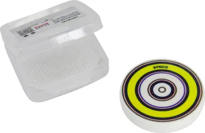 A carrom striker and a small container are shown against a white background.