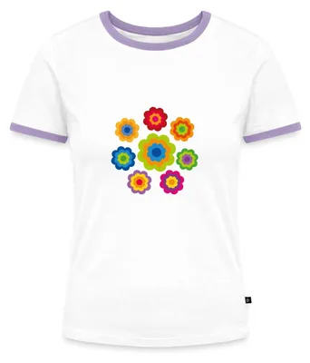 Produktbild von Spreadshirt 70er Jahre Hippie Flower Power Kostüm Blumen Fasching Frauen Kontrast T-Shirt, S, Weiß/Lavendel