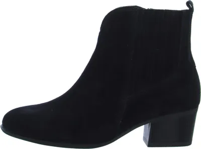 A side view of a black ankle boot with a block heel.