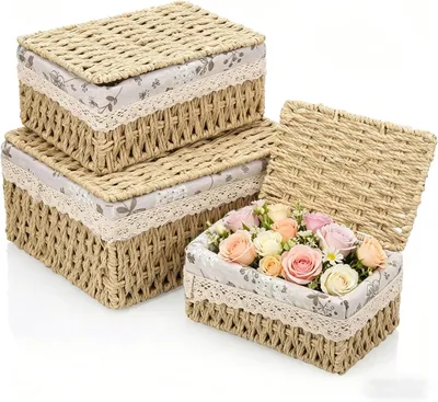 Produktbild von Aufbewahrungskorb Set, 3 Größen mit Deckel, Papierseil und Metallrahmen, für Badezimmer