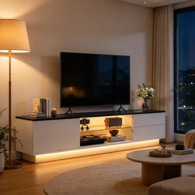 Imagen del producto de Mueble de TV INONEFT con 2 puertas y estantes abiertos, mueble bajo para televisión de 160 cm con iluminación LED, blanco y negro