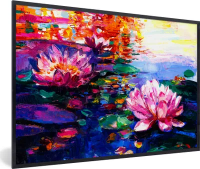 Produktbild von MuchoWow® Gerahmtes Poster Gemälde - Öl - Seerose - Wasser 30x20 cm - Poster mit Schwarzem Bilderrahmen Wandposter Rahmen Foto Bilder - Kunstdruck - Bild-Poster