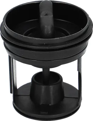 A black washing machine filter part is shown against a white background.