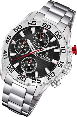 A close-up, angled shot of a silver Festina chronograph watch with a black dial.