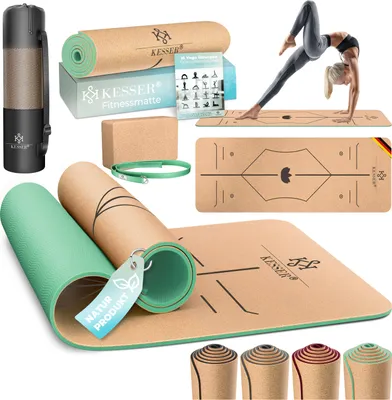 Produktbild von KESSER® Yogamatte Kork Inkl. Tragegurt Tasche & Yoga-Block Gymnastikmatte Yoga Matte rutschfest aus Naturkautschuk TPE Fitnessmatte, 183 x 62 Trainingsmatte für Fitness Sportmatte, Gymnastik extradick