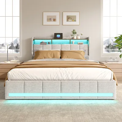 Produktbild von ProximaX Beige-Leinen-Polsterbett mit Maßen 180x200cm, USB-Anschluss, Lattenrost, 4 Schubladen, LED-Beleuchtung, als Jugend- und Doppelbett geeignet