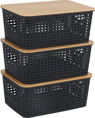 Immagine prodotto di Contenitori Relaxdays, set da 3, con coperchio, plastica e bambù, manici, L x P x A: 10,5 x 25,5 x 18 cm, organizer, nero