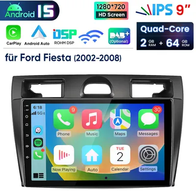 Produktbild von 2+64GB 9”Android 15 Carplay Autoradio Für Ford Fiesta MK5 VI 2006-2011 GPS Navi WIFI BT DAB+ USB DSP RDS