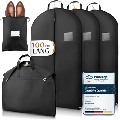 Produktbild von Bruce. 3x Premium Kleidersack Kurz 100 x 60 cm inkl. 1x Schuhbeutel, Optimierte Materialstärke von 120 GSM, Hochwertige Kleiderhülle für Anzug & Kleid