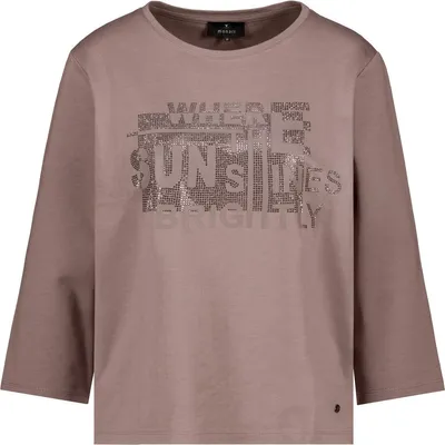 Produktbild von Monari Damen T-Shirt aus Baumwolle und Modal, taupe, Größe 46, mit Schmuckdetails und Schriftzug