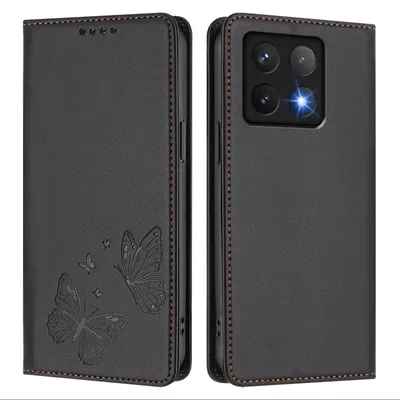 Produktbild von Lederhülle für Xiaomi 14T, Schmetterling Prägung Leder Brieftasche Schutzhülle mit Ständer Schwarz