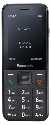 A close-up front view of a black Panasonic mobile phone.