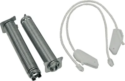 Two metal springs with metal attachments and two white plastic cord holders with white cords are arranged on a white background.