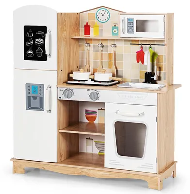 Productafbeelding van Houten kinderkooktoestel met licht en geluid. Kinderspeelkeuken met spoelbak, fornuis, oven, koelkast. Houten speelkeuken, speelkeuken van hout met accessoires
