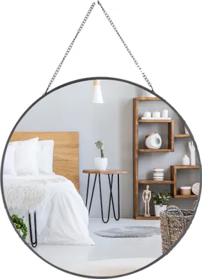 Produktbild von MISOU Runder Spiegel aus Glas mit Aufhängekette Modern Schwarz 29 cm Glas Wandspiegel.