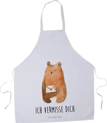 Produktbild von Mr. & Mrs. Panda Schürze Bär Vermissen - Weiß - Geschenk, Verreist, Küchenschürze, Kochschürze, Freundin, Liebeskummer, Unglücklich Verliebt, Grillschürze, Teddy, Freund
