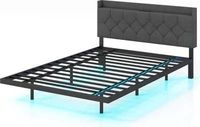 Produktbild von Schwebender Plattformbettrahmen mit LED-Leuchten, verstellbarem Kopfteil, Ladeanschlüssen, Grau